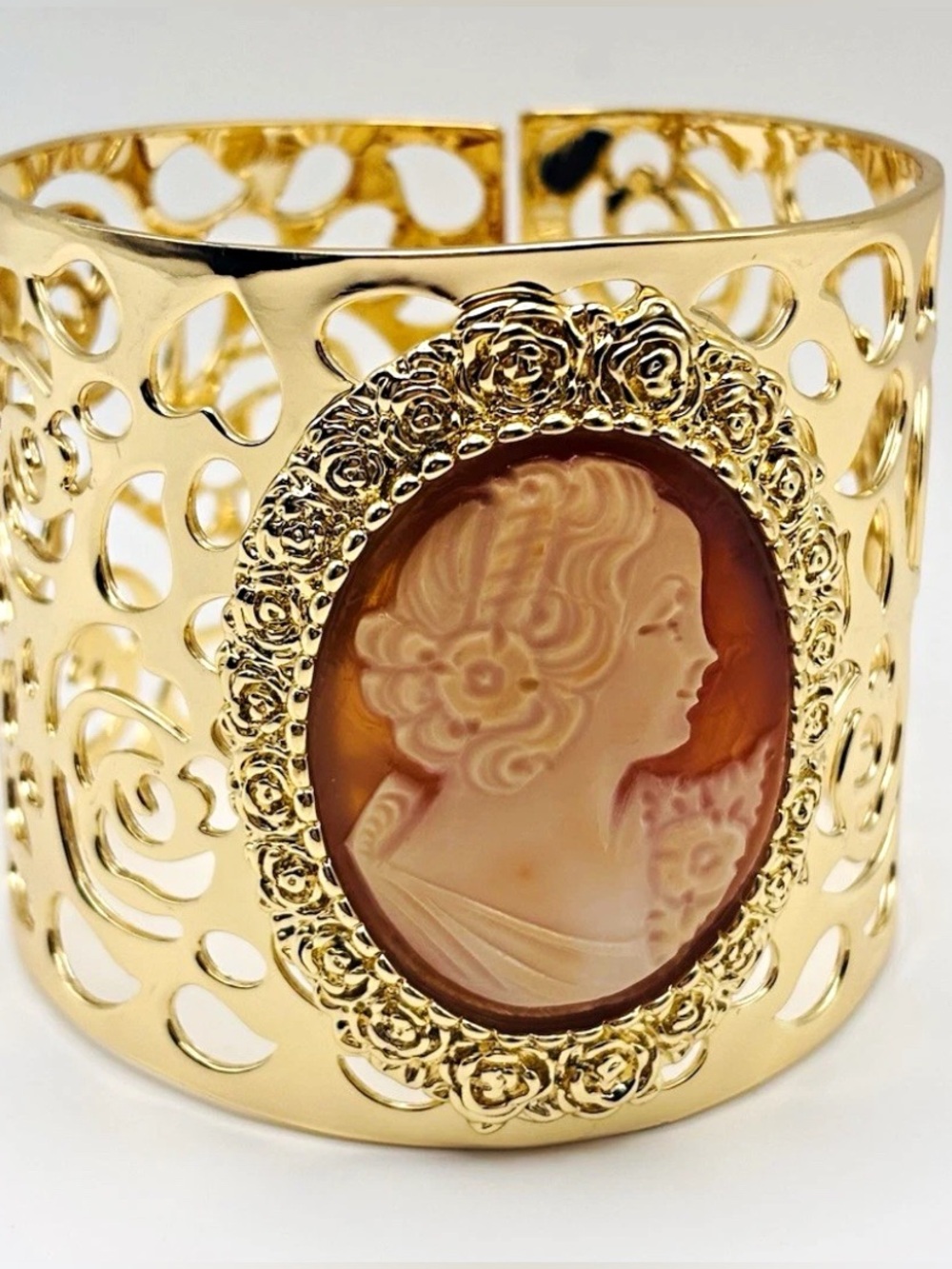 Amedeo Italy Hand Carved Shell Cameo Gold Tone Statement Cuff Bracelet